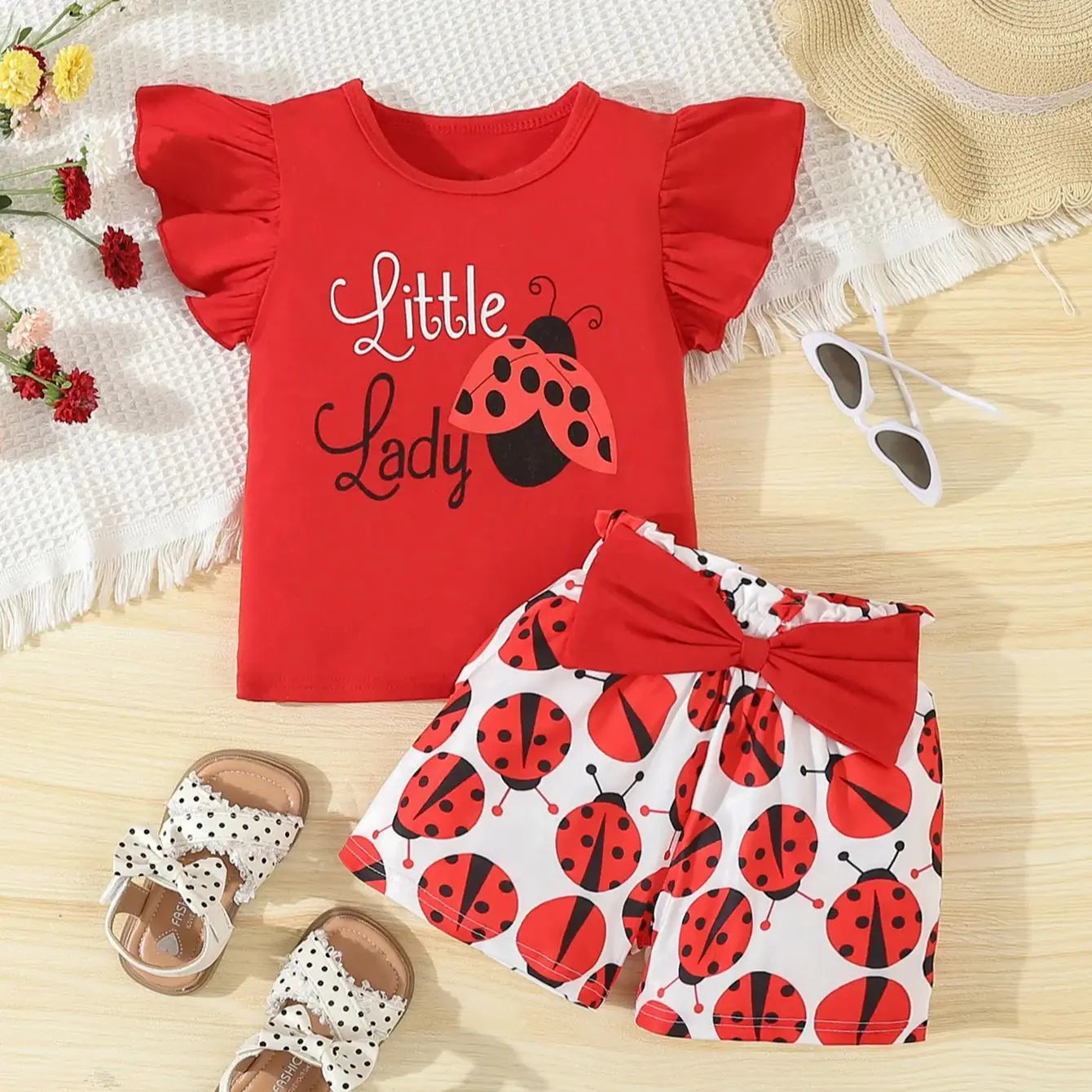 Summer Adorable Ladybug Outfit 2pcs Set for Baby Girls Sleeveless T-shirt +Causal Shorts Infant Newborn Baby Girl Clothes