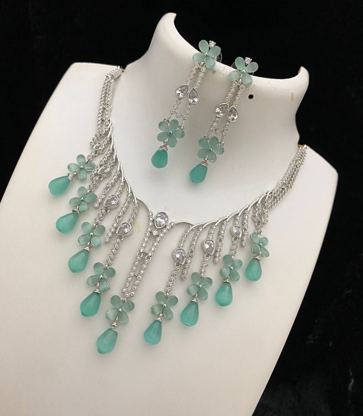 Rhodium-Silver tone American Diamond choker necklace with Dangling Color Beads | Crystal jewelry set | Indian Bollywood Jewelry|Gift for her