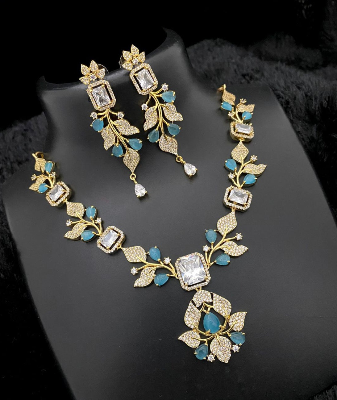 Unique Jewelry-Gold Plated American diamond flower & Leaf design necklace | Crystal necklace with Pear cut CZ Blue stones | Gift for Her