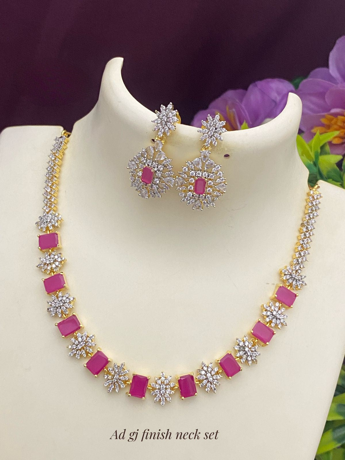 White Gold Plated Ruby Pink Cubic Zirconium Choker Necklace 