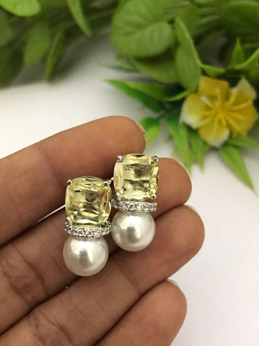 Yellow Cz stone Silver pearl stud earrings