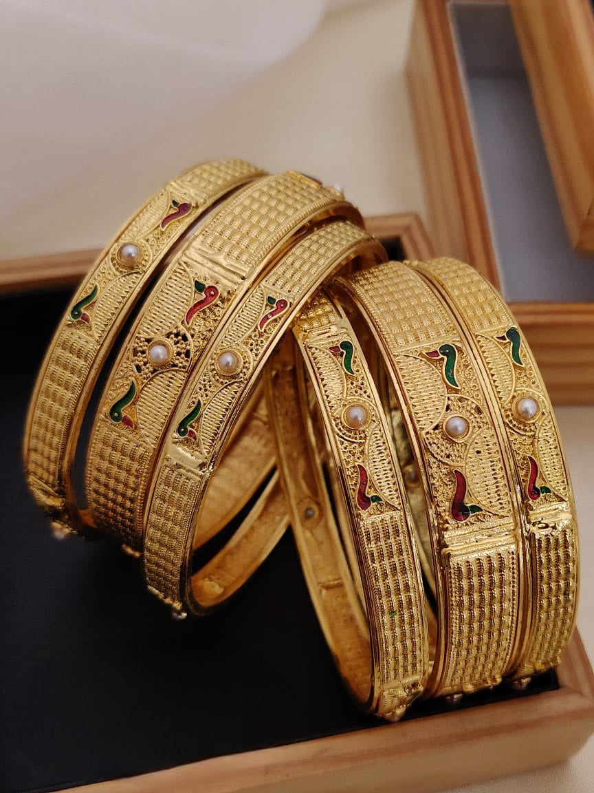 Matte Finish Ruby Emerald Peacock design 22k gold plated 6 pcs. bangles, 1gm gold bangles, Latest design Fashion set bangles, Indian traditional bangle set, Bangle Bracelets