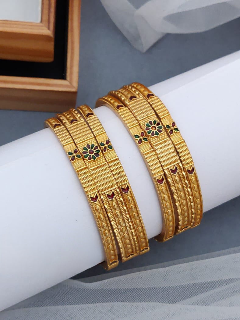 Ruby Emerald Floral design 22k gold plated 6 pcs. bangles, 1gm gold bangles, Latest design Fashion set bangles, Indian traditional bangle set, Bangle Bracelets