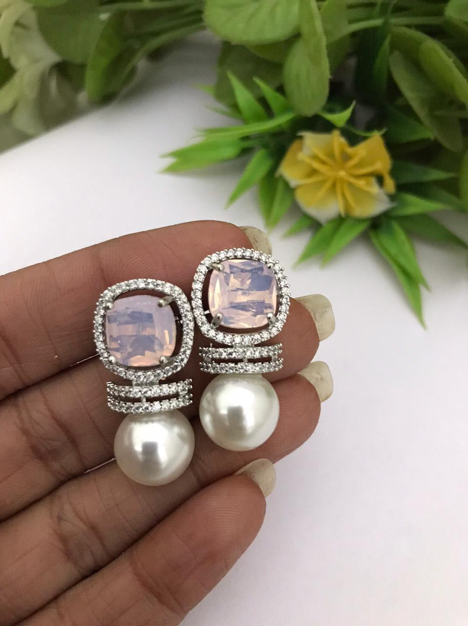 Silver Pearl Wedding stud Earrings with CZ Light Pink stones, Pearl Bridal stud Earrings, Crystal Wedding bridal statement Earrings,Available in silver Black polish also