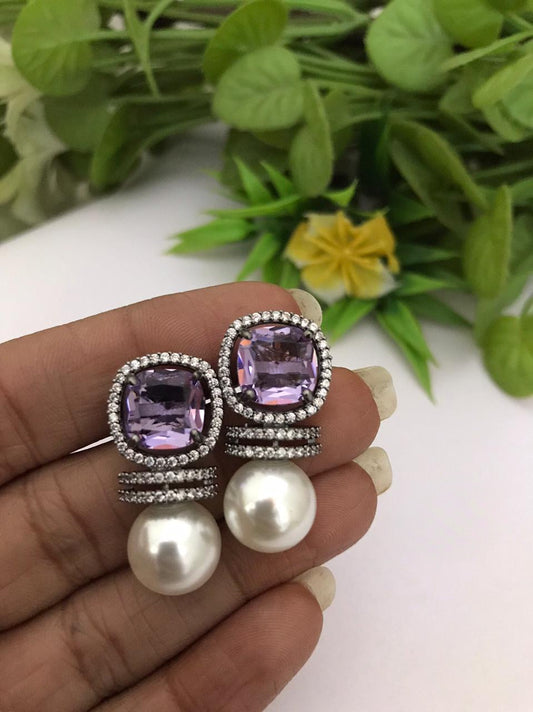 Silver Oxidized Pearl stud Earrings with purple CZ stones, Wedding bridal Statement American diamond Fresh water pearl Stud Earrings