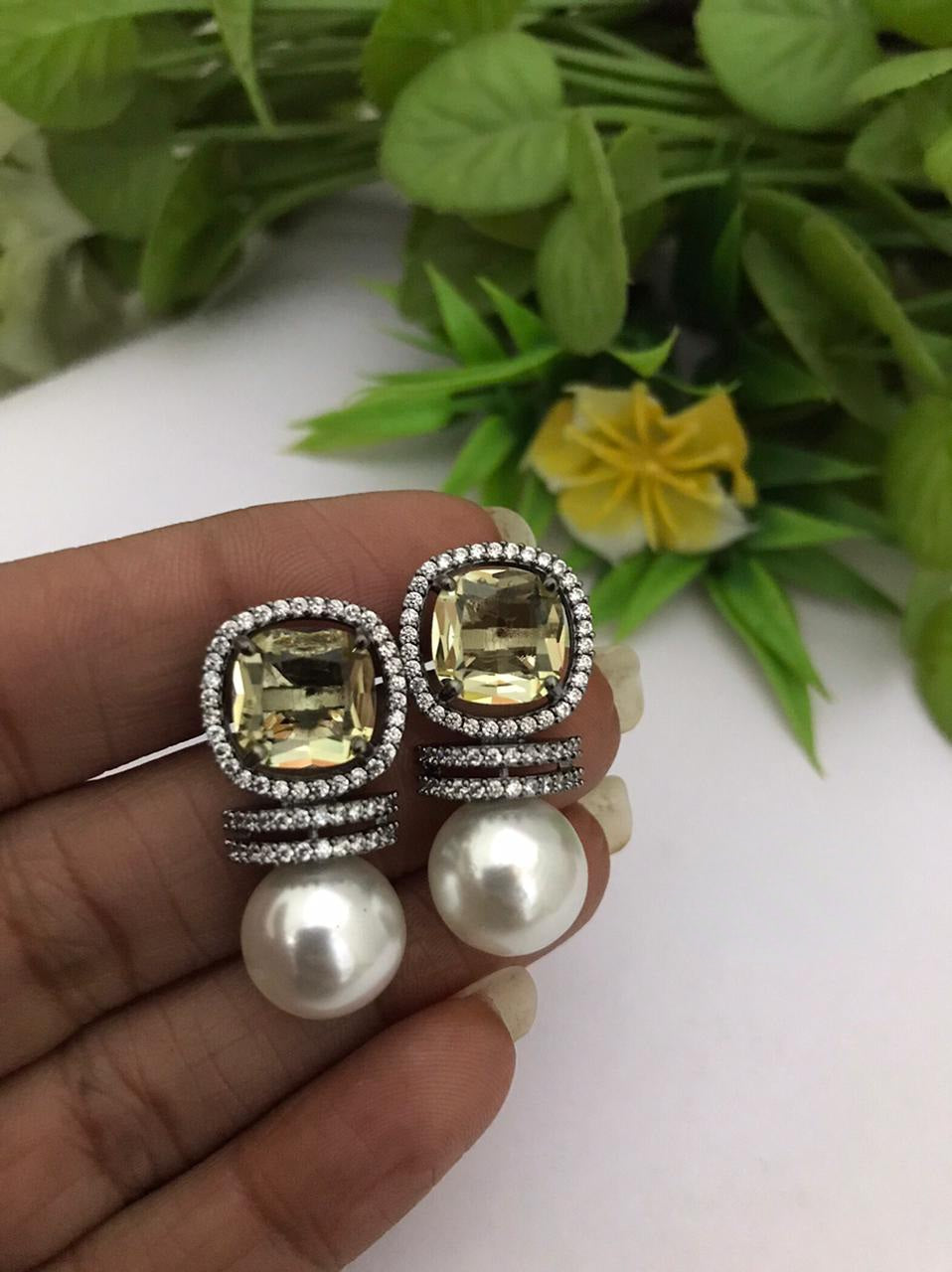 Real Pearl stud Champagne yellow American Diamond Cz stone