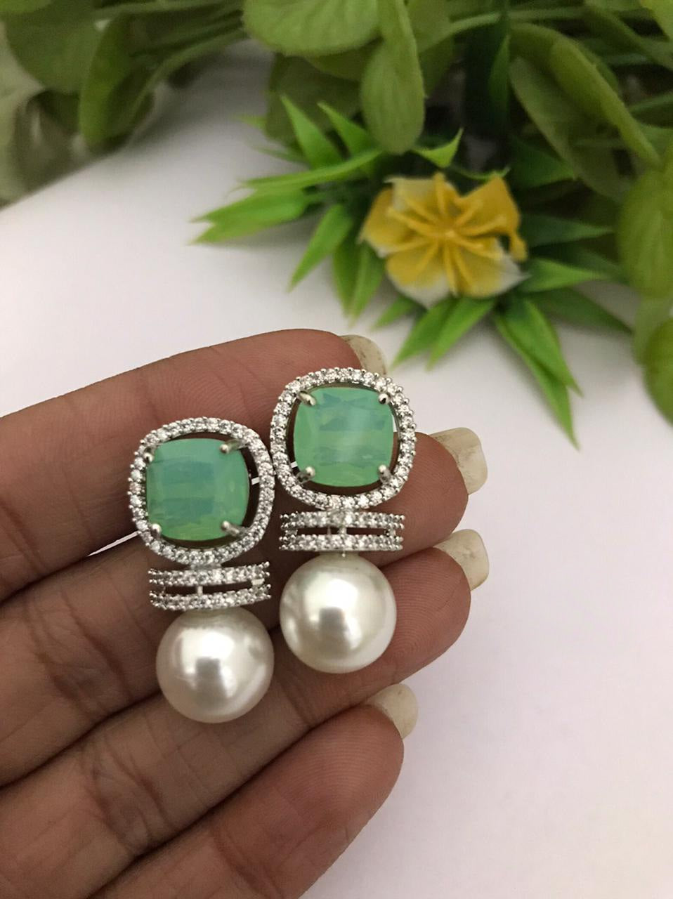 Real Pearl stud Silver Polish with Mint Green American Diamond Cz stone