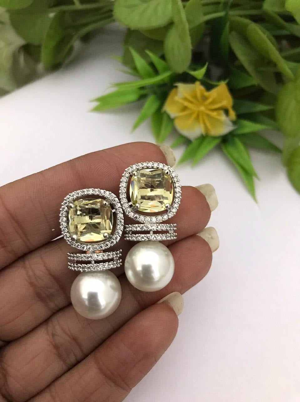 Real Pearl stud Champagne yellow American Diamond Cz stone