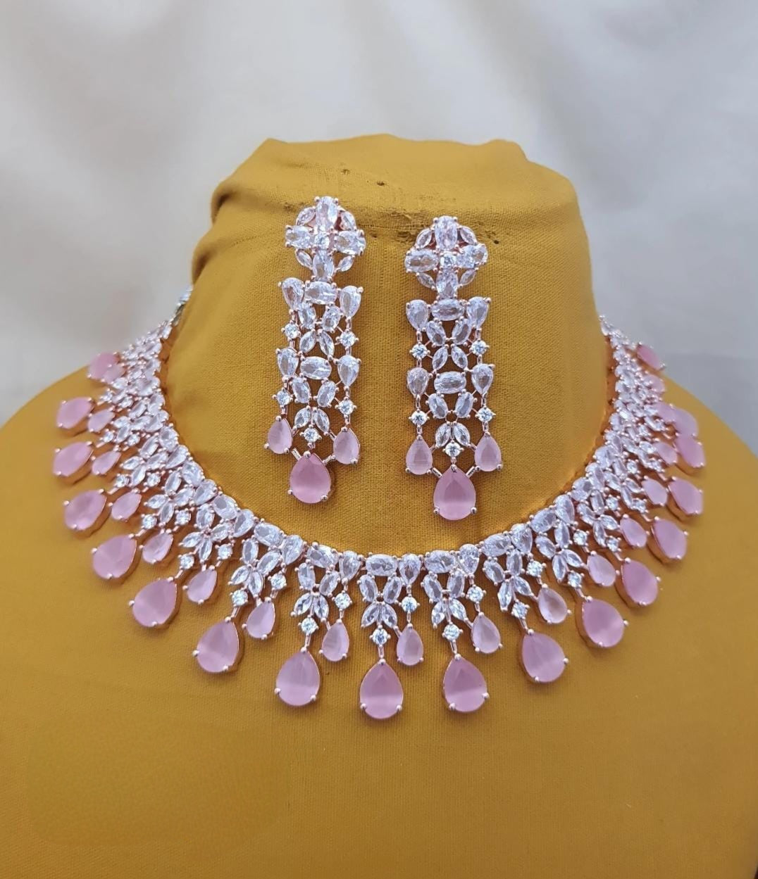 Rose gold Emerald Green American Diamond necklace|High Quality Cz Diamonds Mint Green stone Necklace Earrings Set|Indian WeddingJewelry| Gift for her