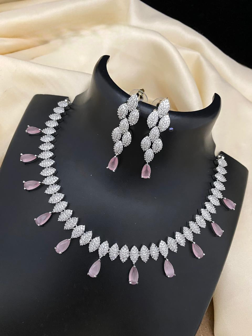 White Gold Plated American Diamond Silver necklace, Blue stone Wedding choker CZ Diamond Indian jewelry, Bollywood fashion necklace