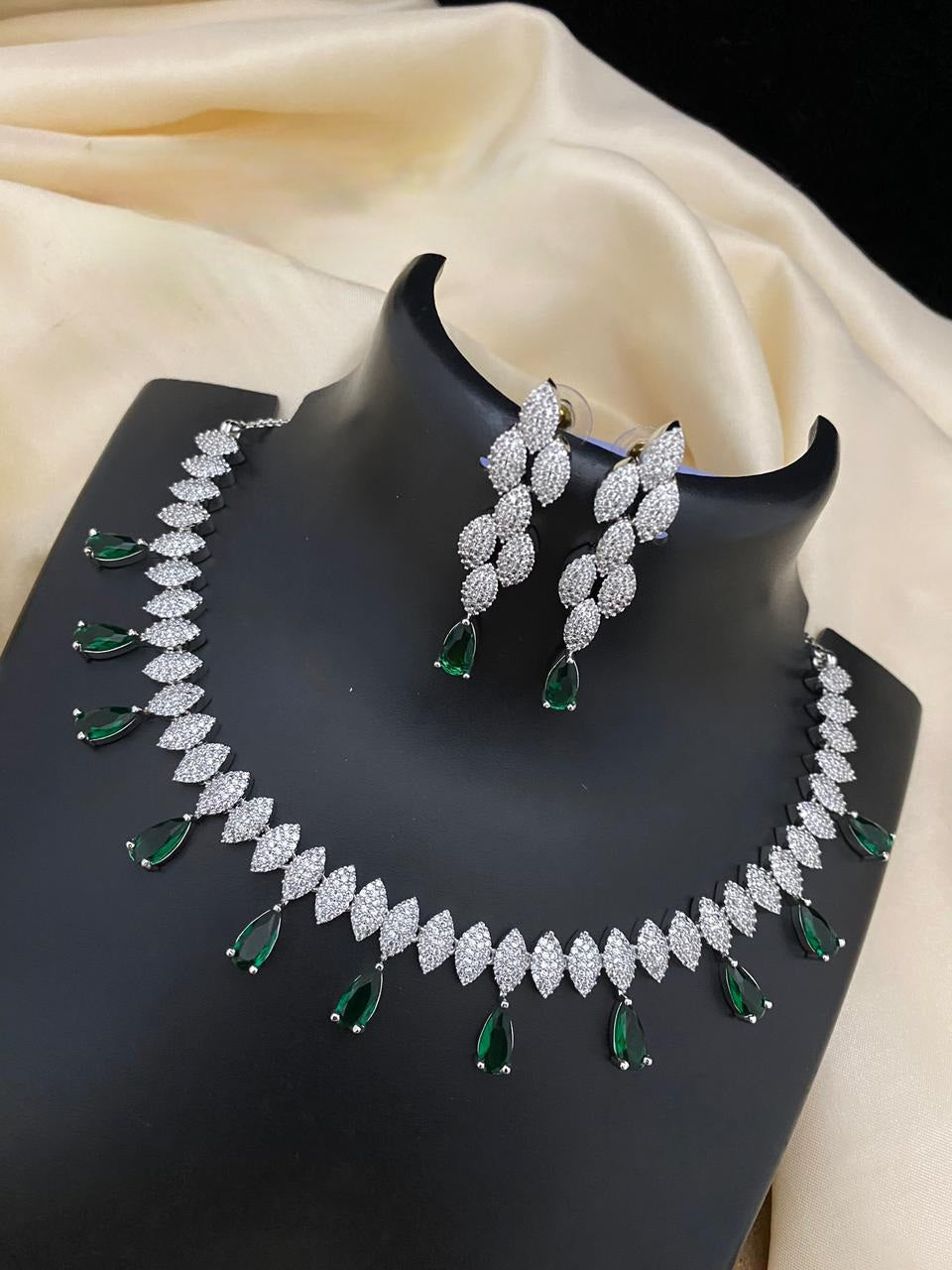 White Gold Plated American Diamond Silver necklace, Blue stone Wedding choker CZ Diamond Indian jewelry, Bollywood fashion necklace