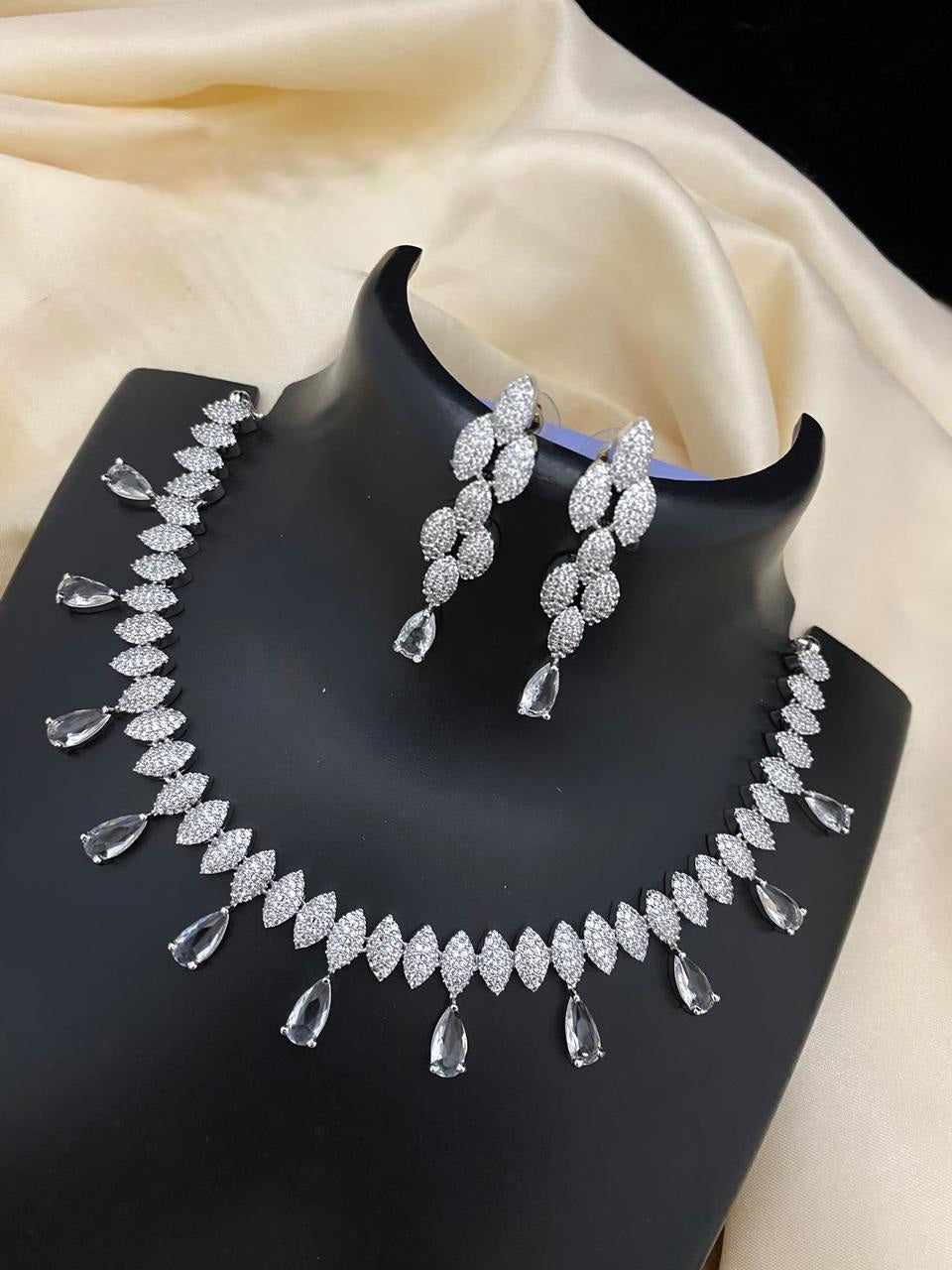 White Gold Plated American Diamond Silver necklace, Blue stone Wedding choker CZ Diamond Indian jewelry, Bollywood fashion necklace