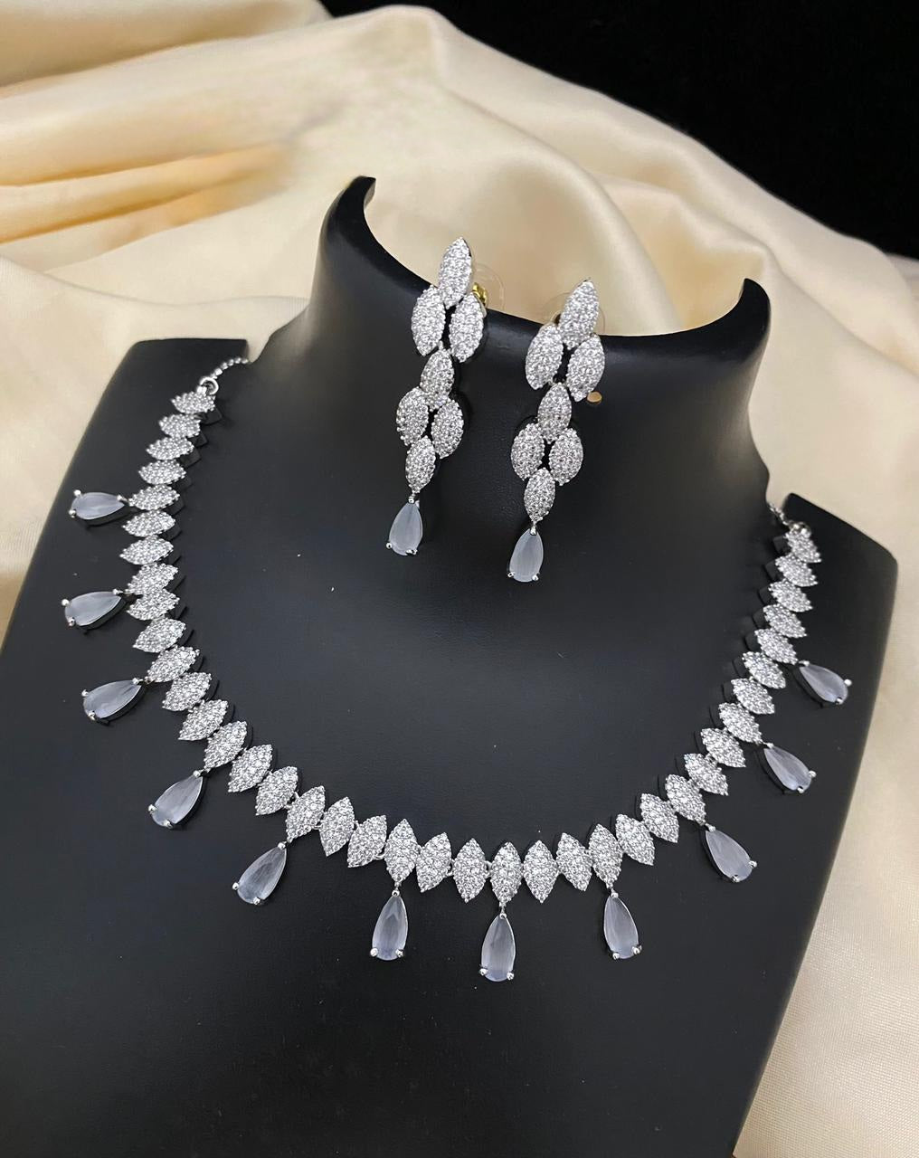 White Gold Plated American Diamond Silver necklace, Blue stone Wedding choker CZ Diamond Indian jewelry, Bollywood fashion necklace