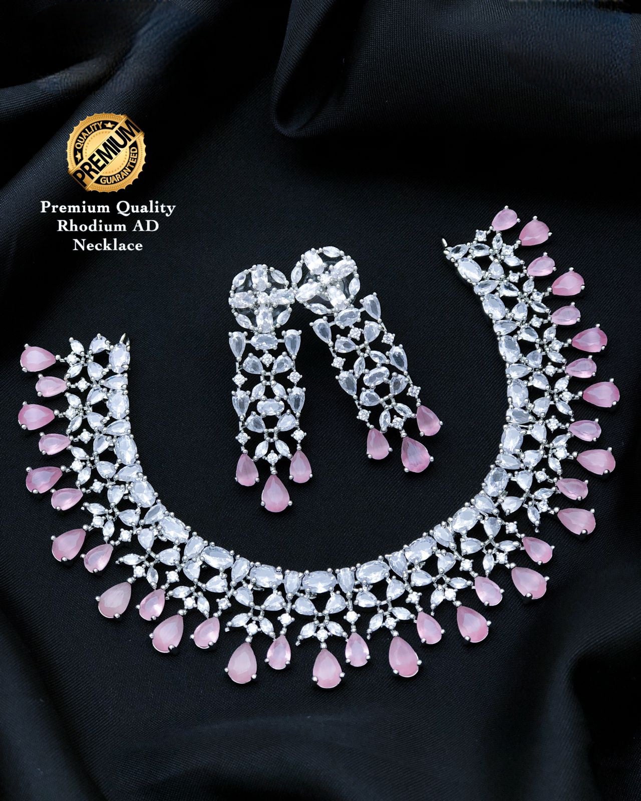 Rhodium Polish CZ American Diamond Pink Necklace, Wedding Choker party wear Statement Necklace, Bollywood Necklace