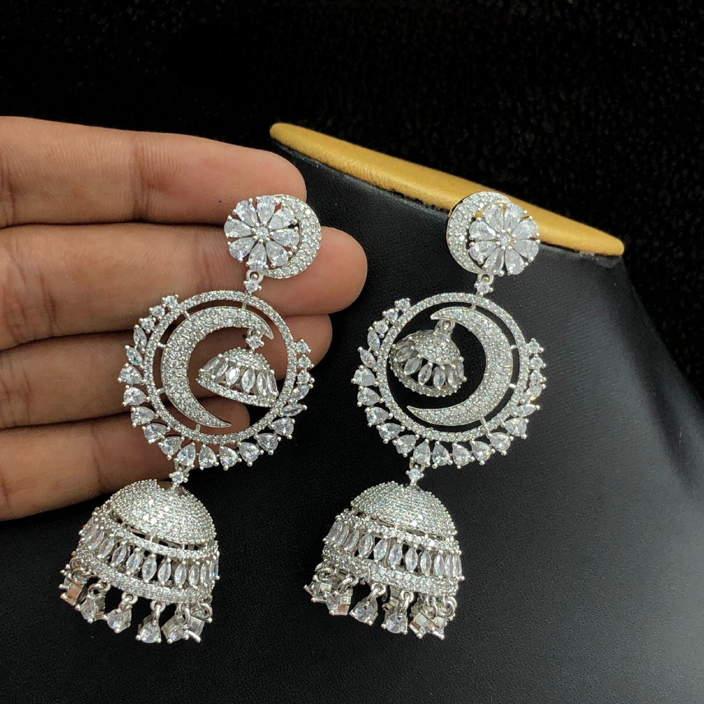 Silver Polish American Diamond Long Chandbali Jhumka, Crescent moon earrings dangle, Indian Wedding Earrings