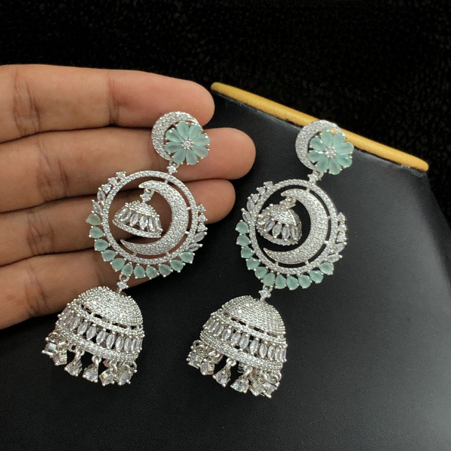 Silver Polish American Diamond Long Chandbali Jhumka, Crescent moon earrings dangle, Indian Wedding Earrings