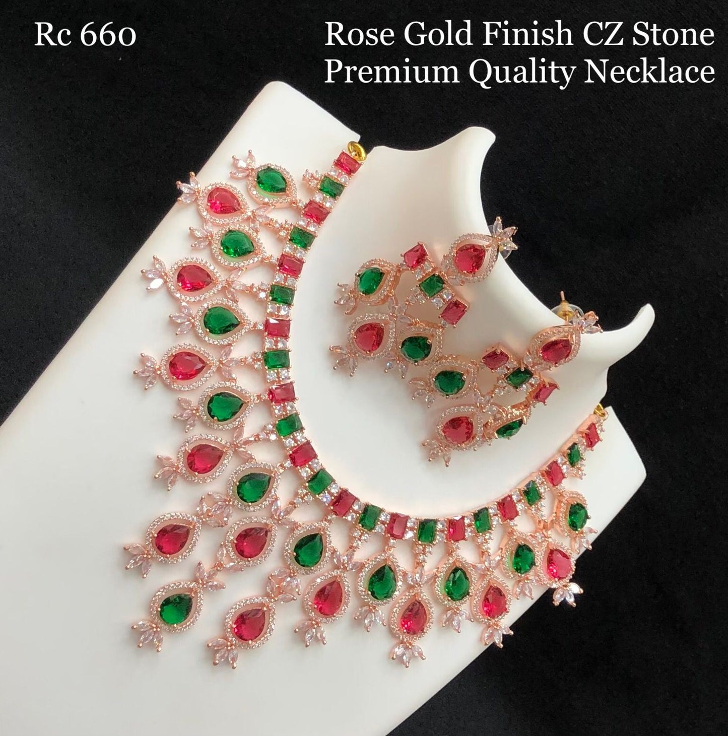 Rose Gold CZ American Diamond Necklace | Pink and Green Tear drop stone necklace