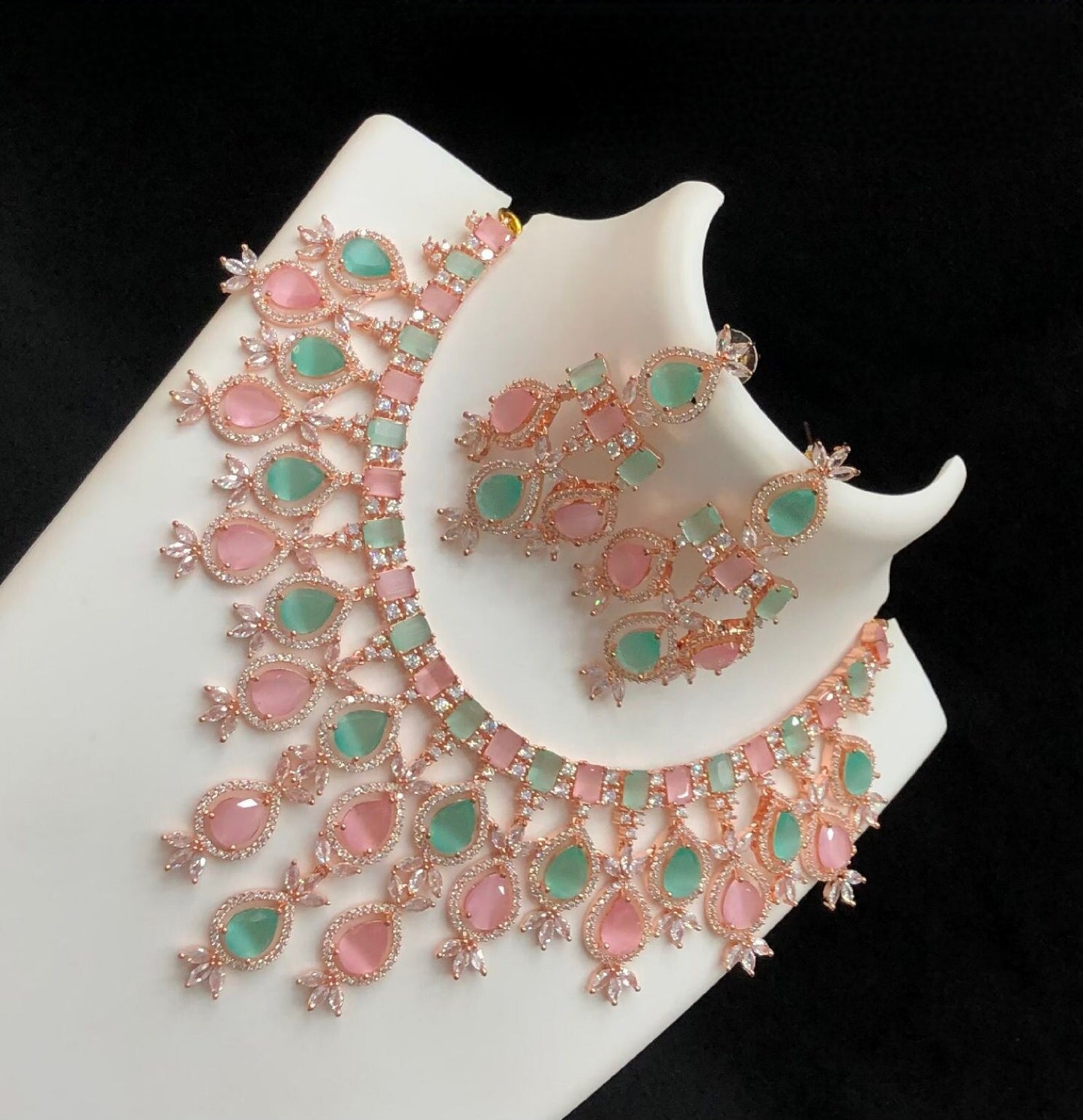 Rose Gold CZ American Diamond Necklace, Light Pink and Mint green Tear drop stone necklace, Indian Wedding Jewelry