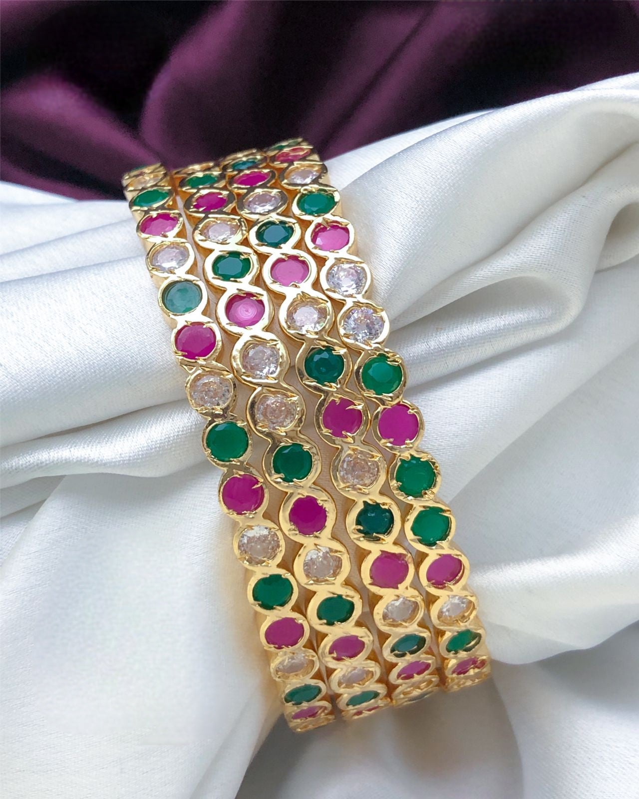 One Gram Gold Plated Bridal bangles 4-Piece, CZ American Diamond Ruby, emerald and white Stones, South Indian Bangles