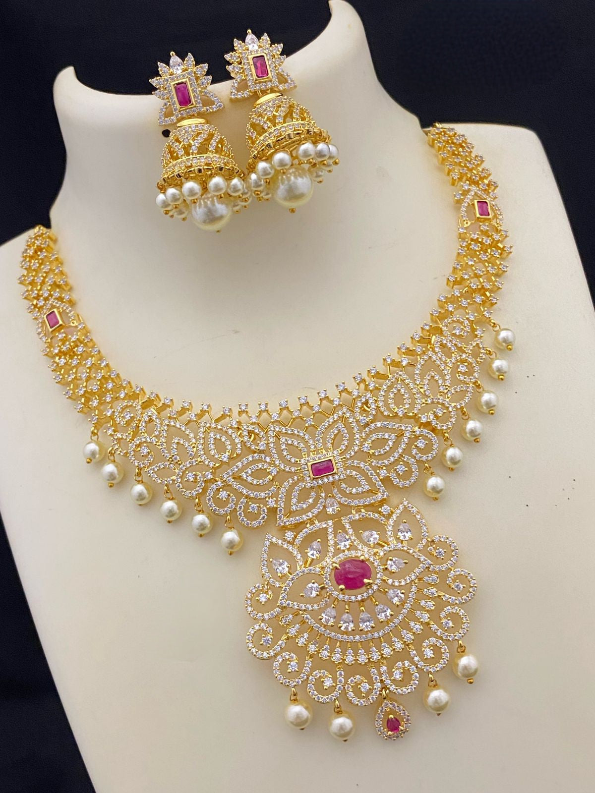 Beautiful American Diamond Necklace set with Jhumka Earrings