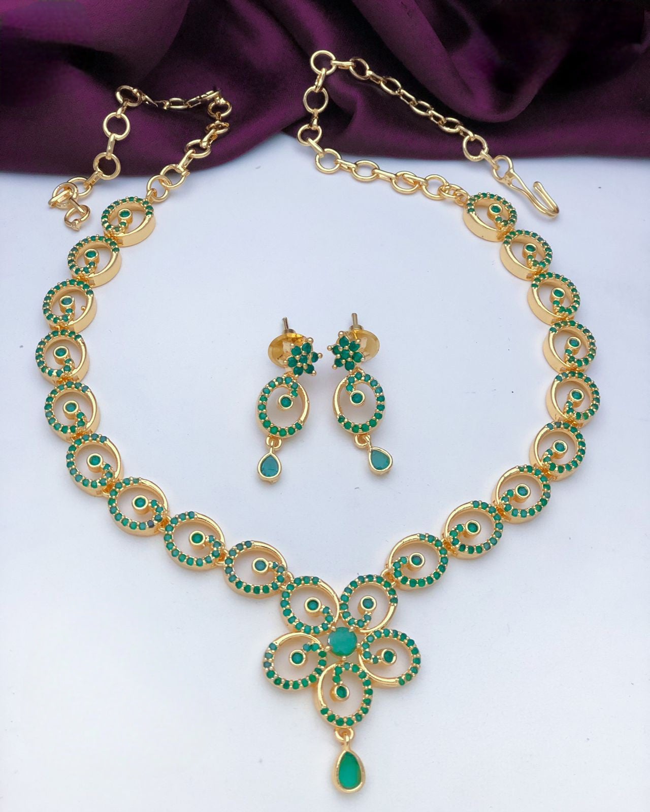 Gold Plated American Diamond Emerald crystal Necklace Earrings, South Indian style Jewelry set