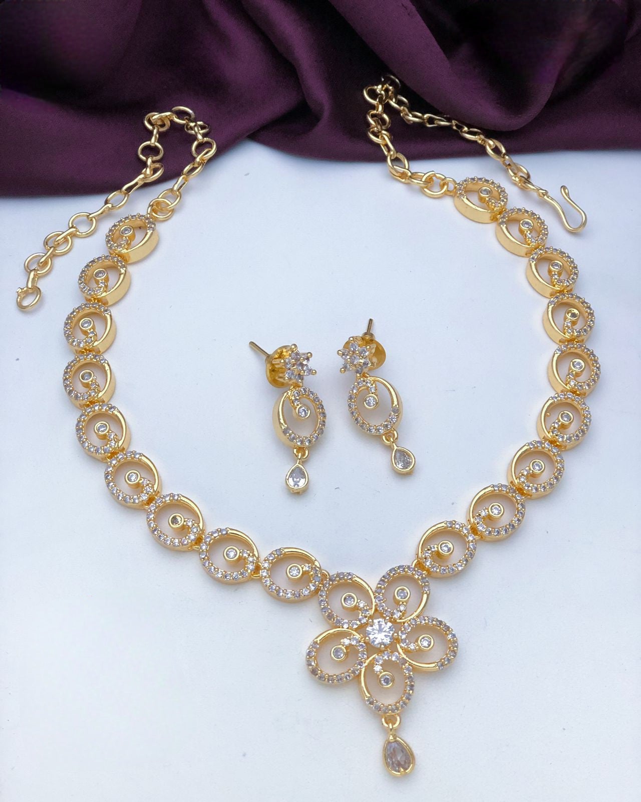 Gold Plated American Diamond Emerald crystal Necklace Earrings, South Indian style Jewelry set