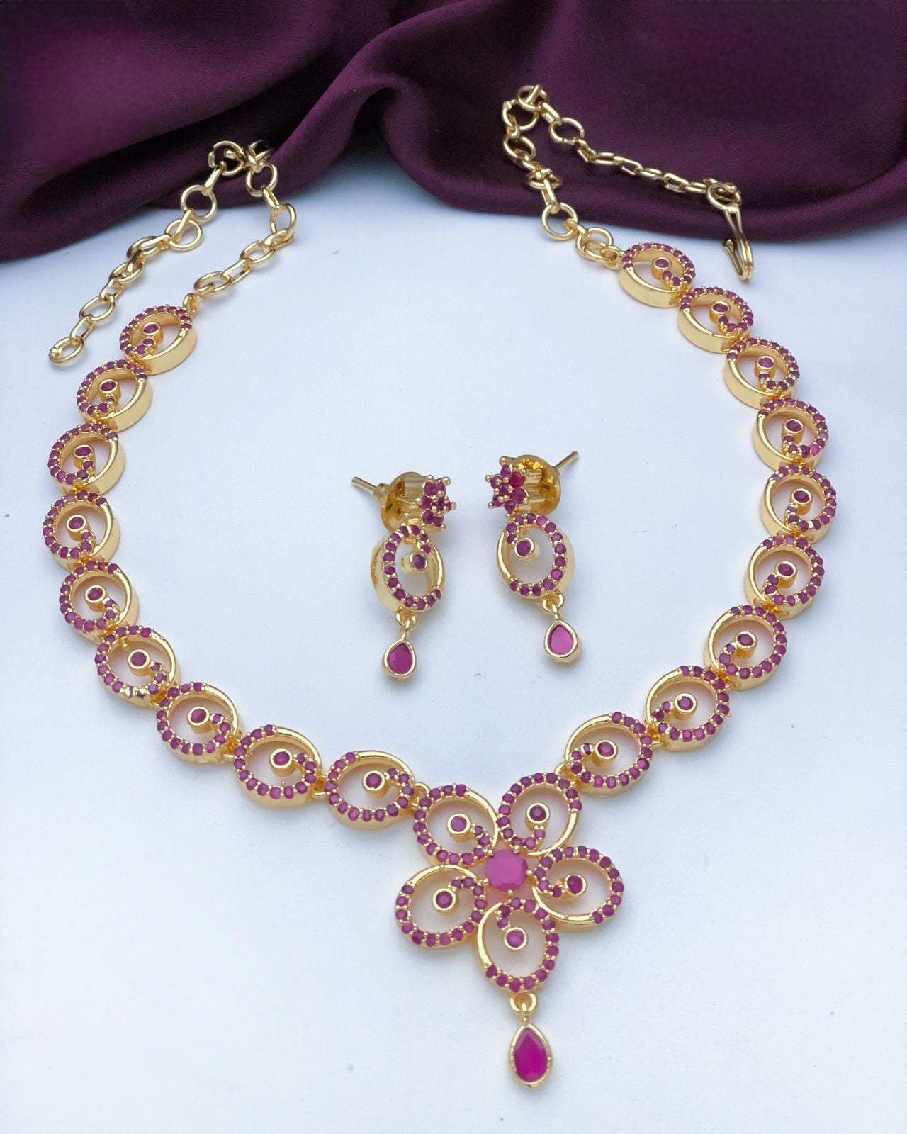 Gold Plated American Diamond Emerald crystal Necklace Earrings, South Indian style Jewelry set