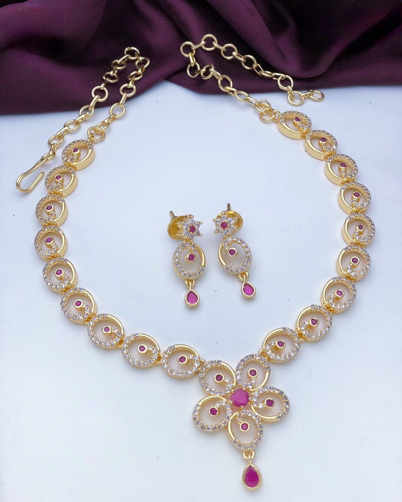 Gold Plated American Diamond Emerald crystal Necklace Earrings, South Indian style Jewelry set