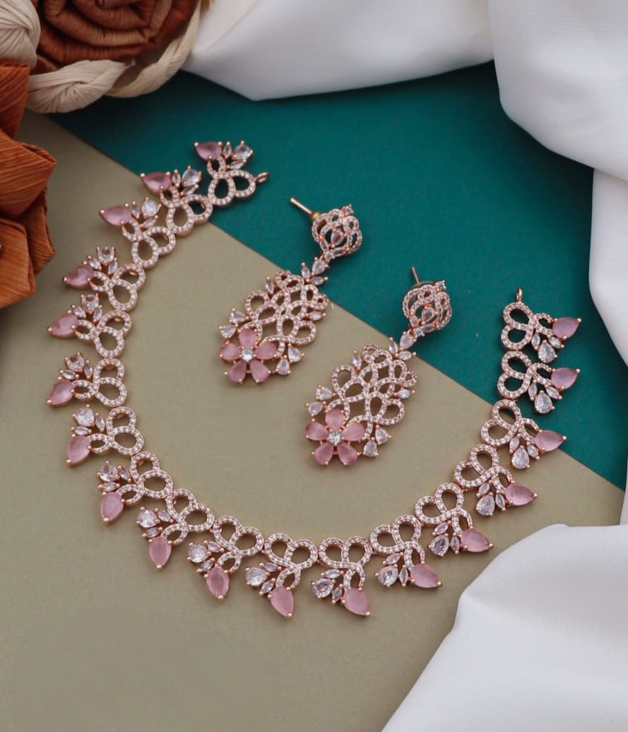 Trendy Rose Gold American Diamond Necklace Earring set | CZ Diamonnd Indian Jewelry | Wedding Jewelry | Elegant Necklace | Gift for her