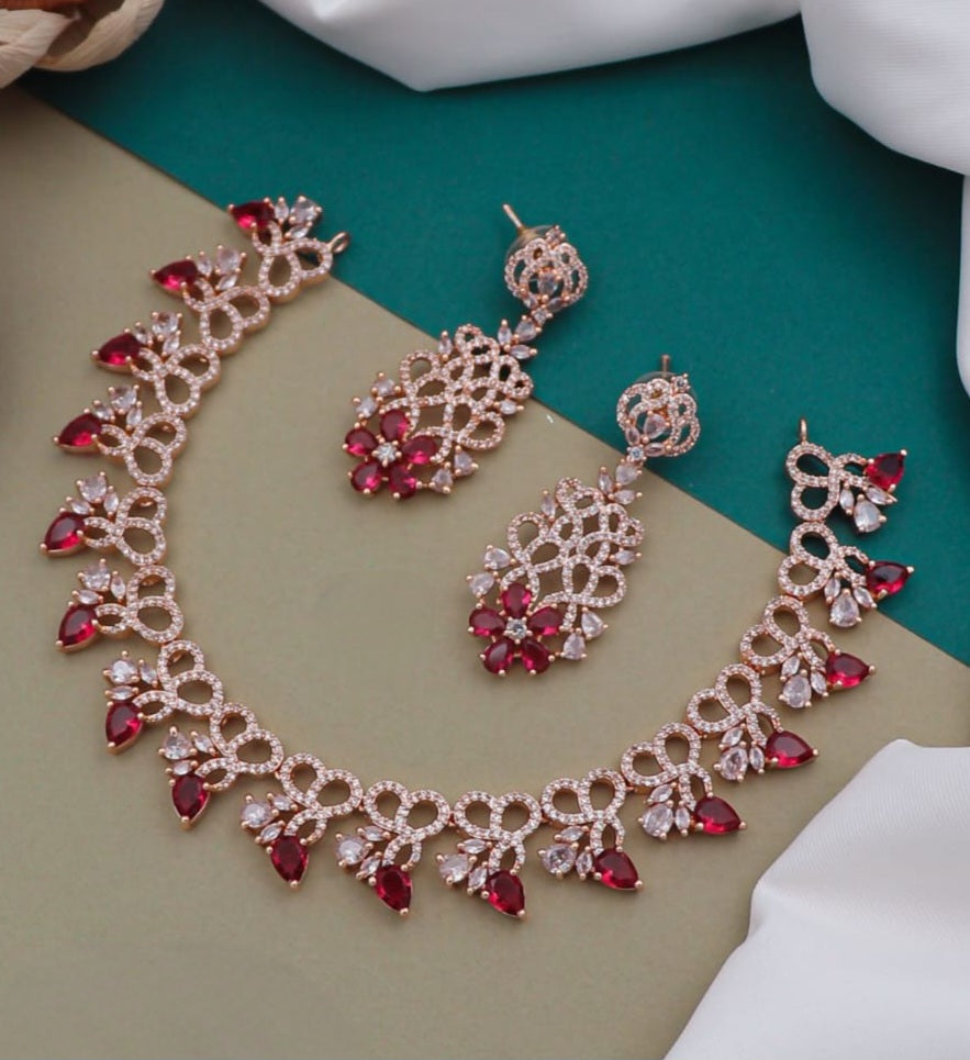 Trendy Rose Gold American Diamond Necklace Earring set | CZ Diamonnd Indian Jewelry | Wedding Jewelry | Elegant Necklace | Gift for her