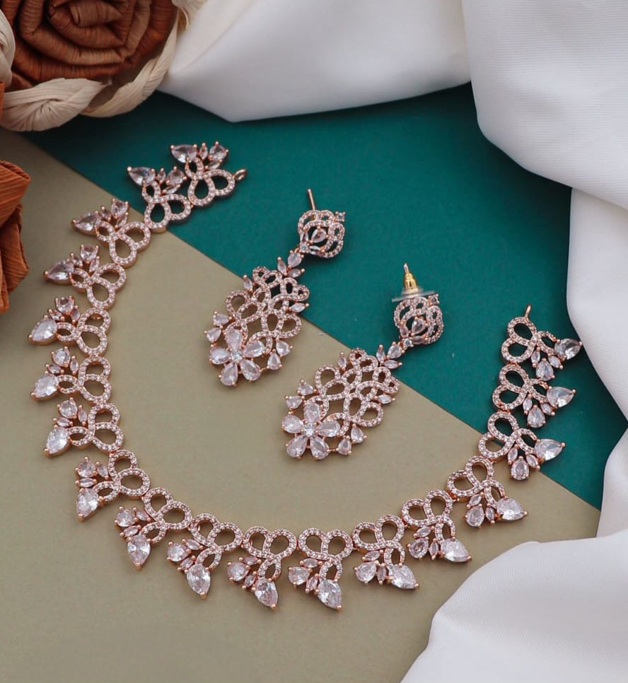 Trendy Rose Gold American Diamond Necklace Earring set | CZ Diamonnd Indian Jewelry | Wedding Jewelry | Elegant Necklace | Gift for her