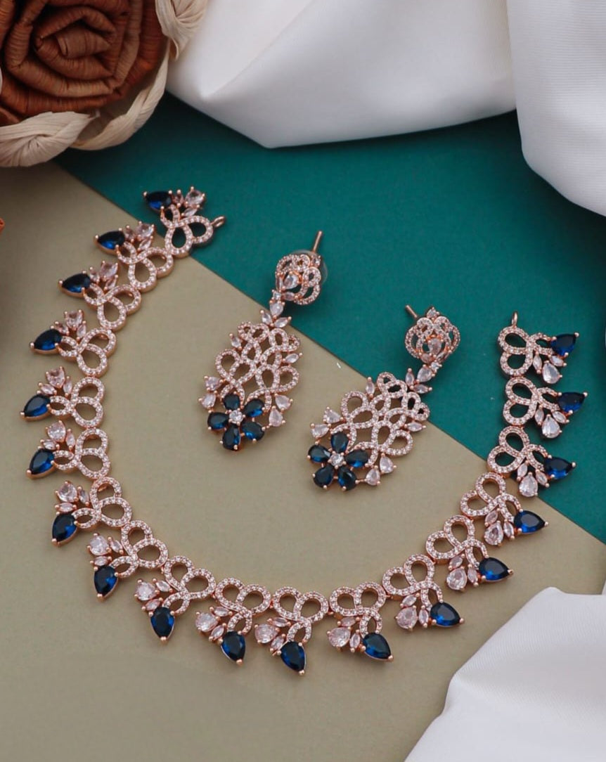 Trendy Rose Gold American Diamond Necklace Earring set | CZ Diamonnd Indian Jewelry | Wedding Jewelry | Elegant Necklace | Gift for her
