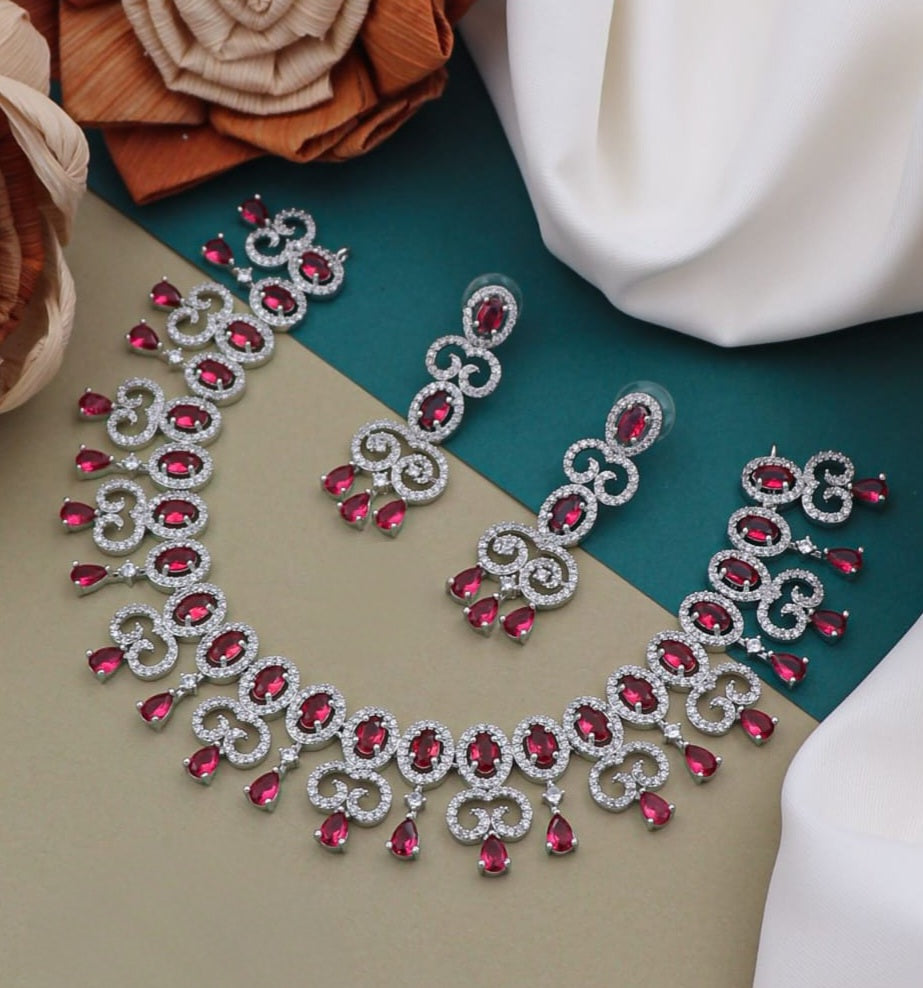 Rhodium Tone American Diamond Jewelry | CZ Crystal choker Necklace for Wedding | Indian Silver tone jewelry | Indian Bridal Necklace