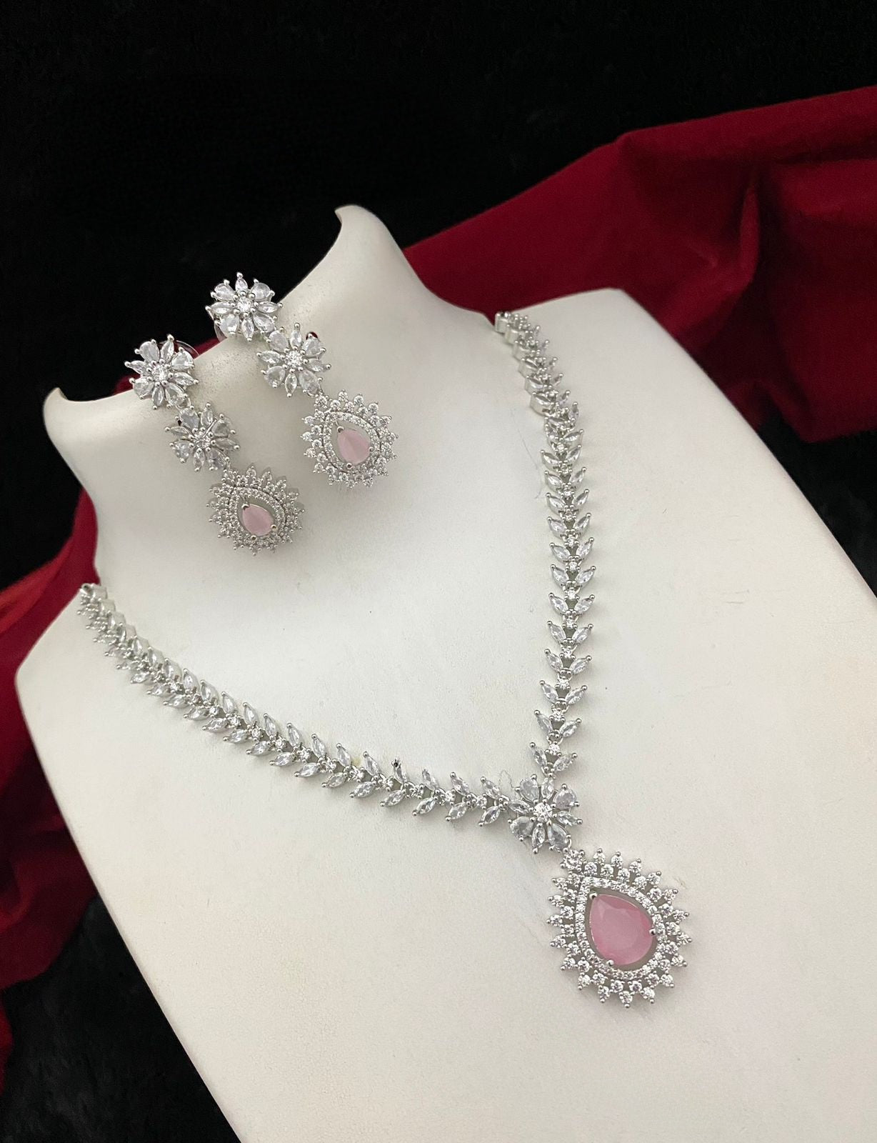 Indian Bollywood Style Pink Pearl Silver Plated Fashion Bridal Diamond  Necklace