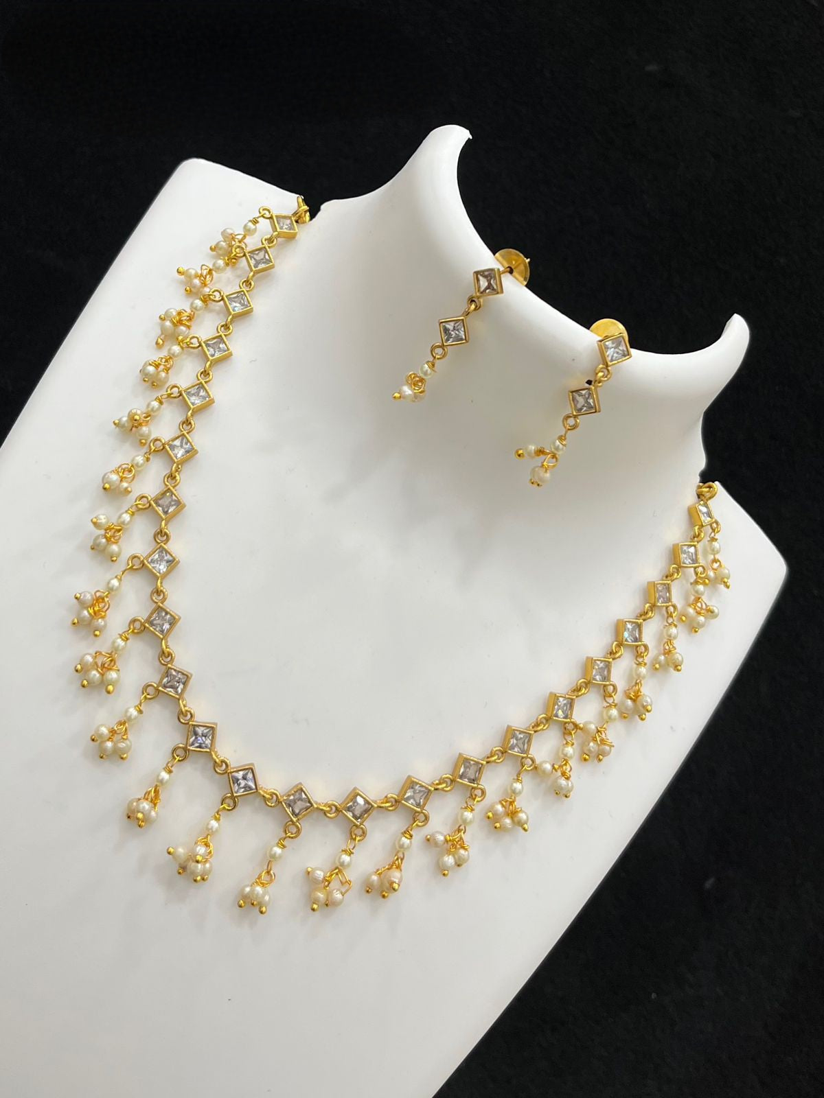22k Gold plated simple light weight ruby emerald and white stones and tiny pearl drops