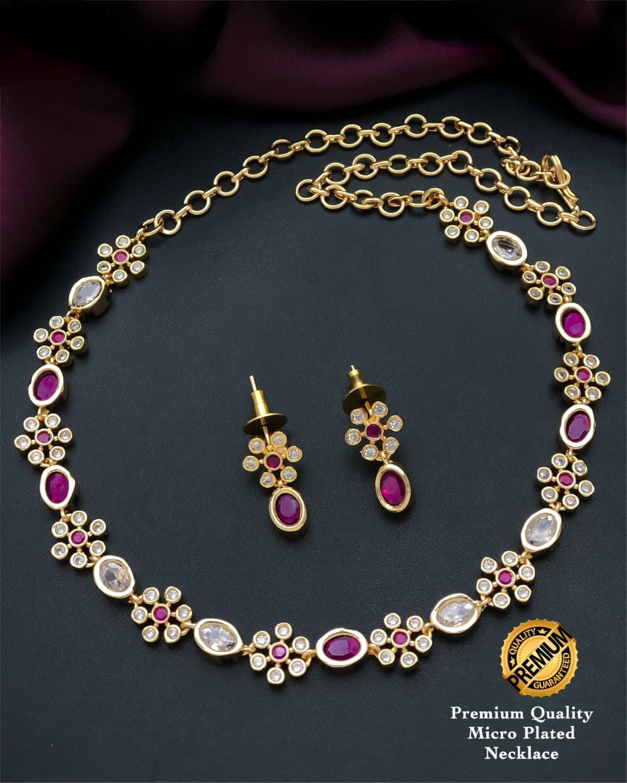 Simple south indian gold plated necklace designs | Oval stone American Diamond Flower design necklace | Indian Jewelry | Gift for her