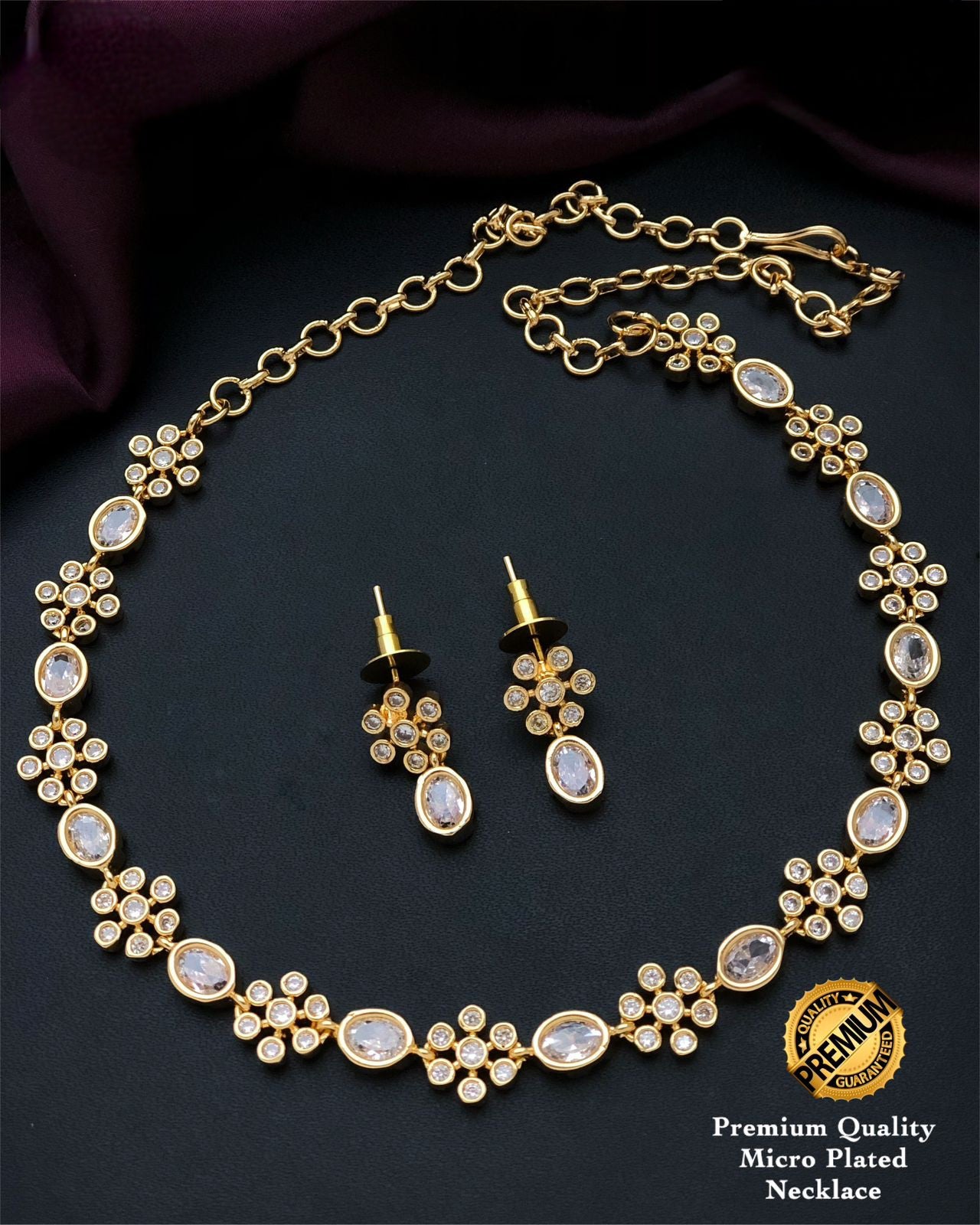 Simple south indian gold plated  necklace designs | Oval stone American Diamond Flower design necklace | Indian Jewelry | Gift for her