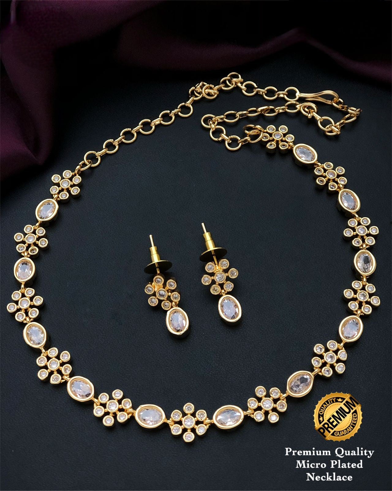 Simple south indian gold plated necklace designs | Oval stone American Diamond Flower design necklace | Indian Jewelry | Gift for her