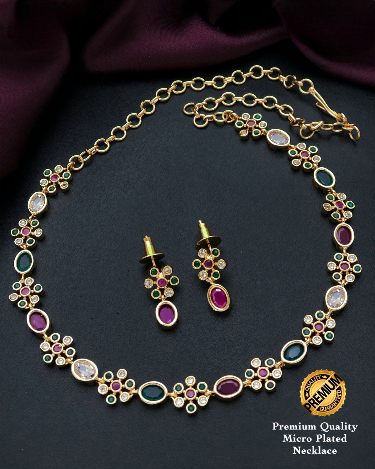 Simple south indian gold plated necklace designs | Oval stone American Diamond Flower design necklace | Indian Jewelry | Gift for her