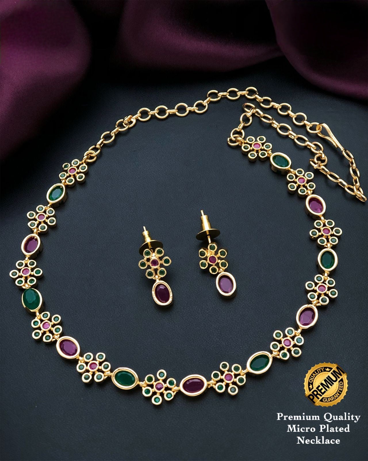 Simple south indian gold plated necklace designs | Oval stone American Diamond Flower design necklace | Indian Jewelry | Gift for her