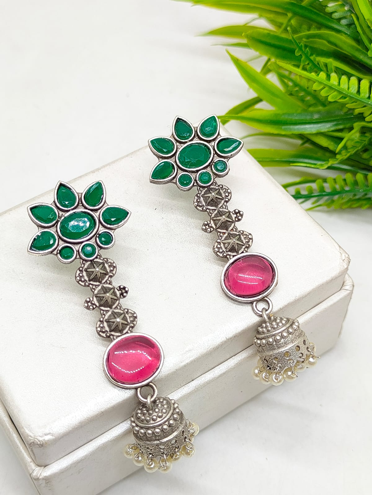 Silver Oxidized Jhumka Earrings with faux pearl drops, Bollywood fashion floral Earrings, Pink and green stones drop earrings