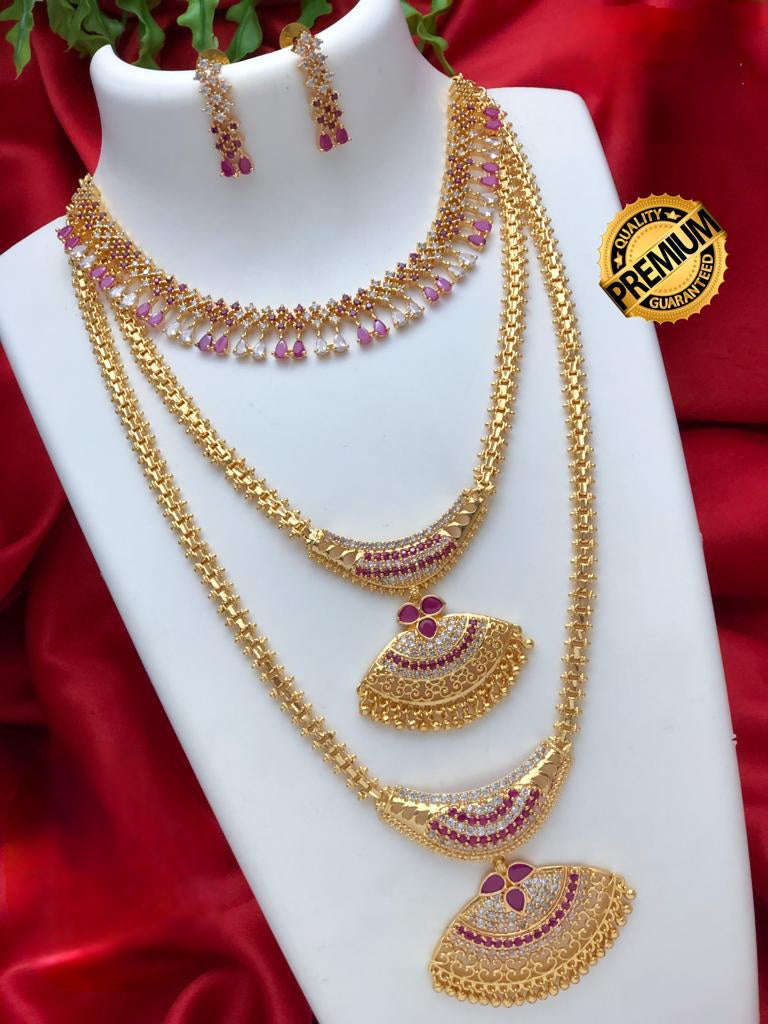 Long and short necklace combo set | Traditional gold plated long, Medium and short necklace designs | South Indian Style wedding jewelry set