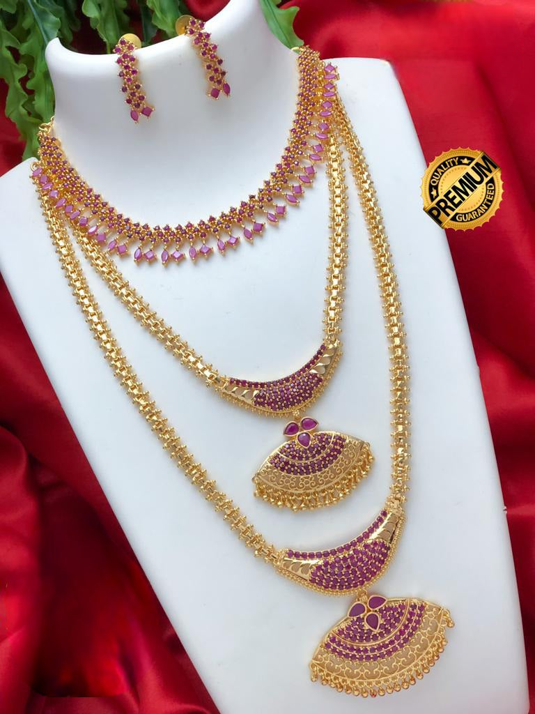 Long and short necklace combo set | Traditional gold plated long, Medium and short necklace designs | South Indian Style wedding jewelry set