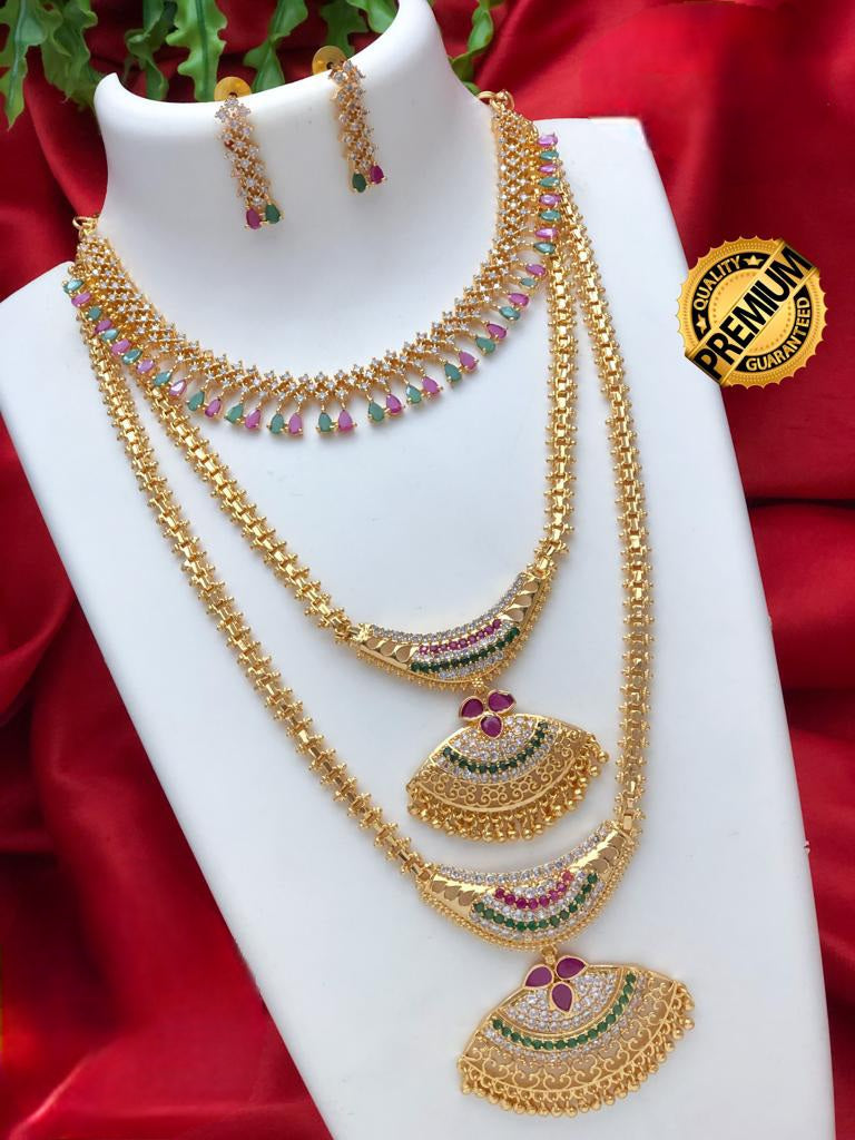 Long and short necklace combo set | Traditional gold plated long, Medium and short necklace designs | South Indian Style wedding jewelry set