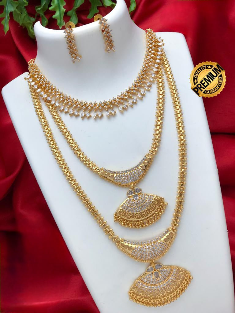 Long and short necklace combo set | Traditional gold plated long, Medium and short necklace designs | South Indian Style wedding jewelry set