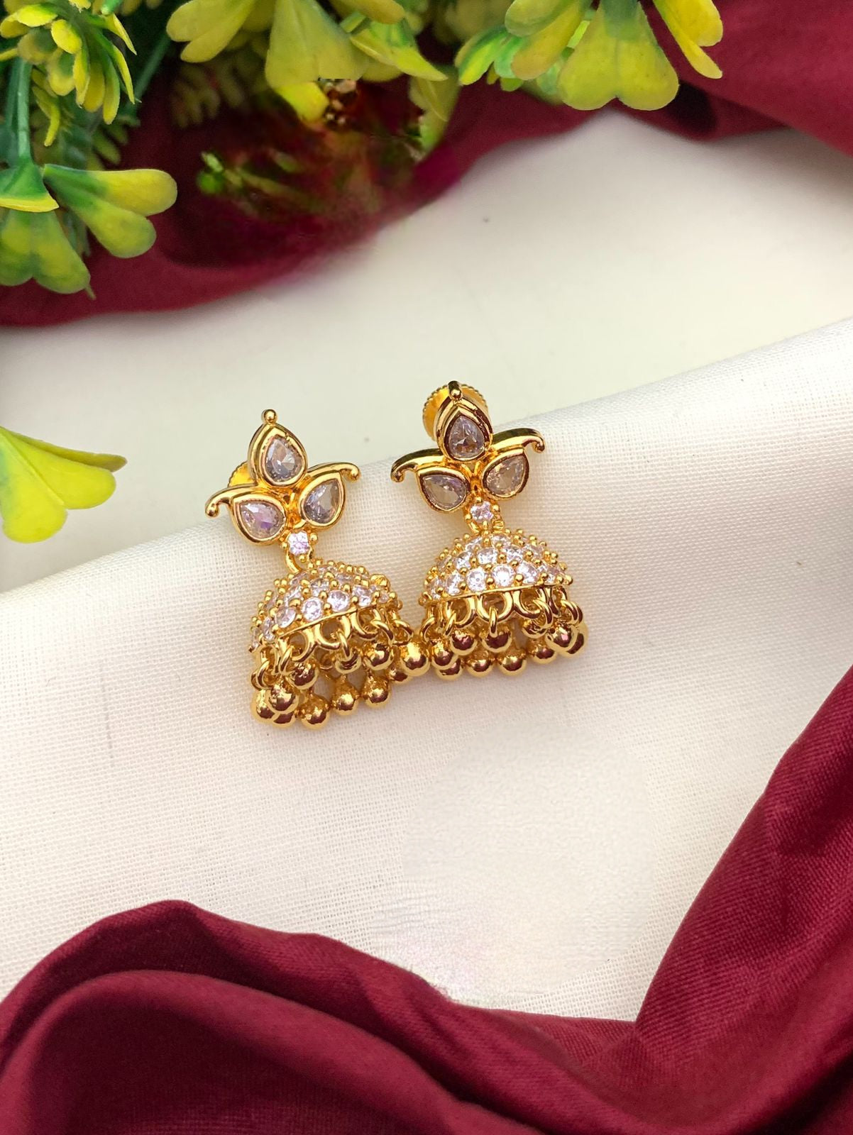 American Diamond Small Gold jhumka Earrings with Ruby Emerald CZ color stones