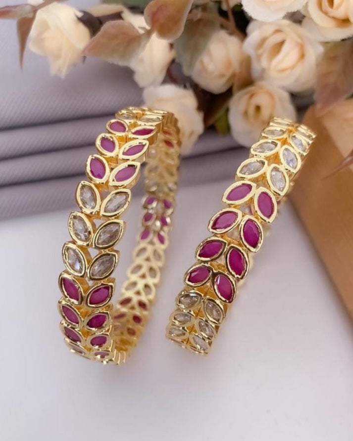 Pair of Classic Goldtone CZ Ruby and White Stone bangles | Ethnic Indian Bangles | American Diamond AD Stone kada Bangles