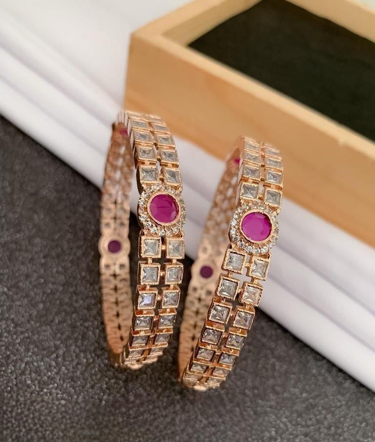 Pair of Rose Gold AD Kundan Ruby bangles | Ethnic Indian Bangles | American Diamond AD Stone Rajwadi kada Bangles