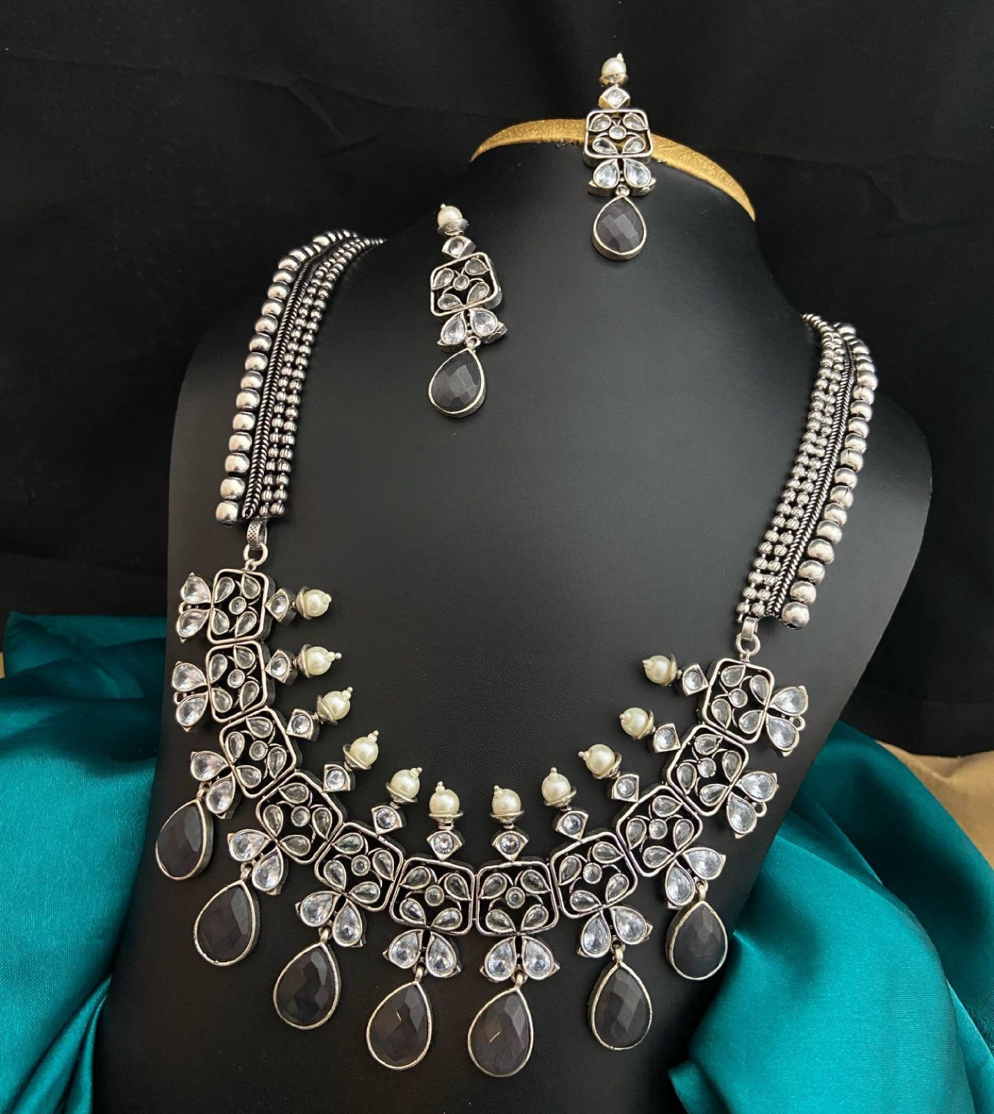 Premium Quality German Silver Long Necklace set | Indian Wedding Jewelry | Indian Bollywood Style Fashion Wedding Silver Plated Necklace Earrings Party Jewelry Set