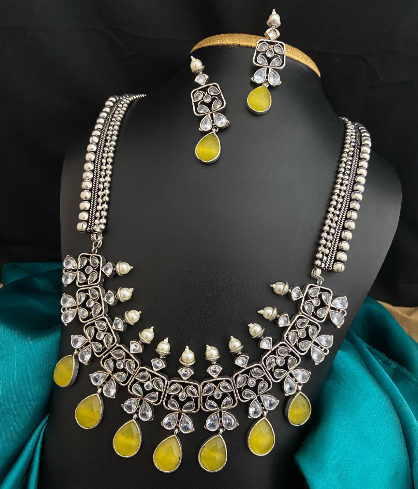 Premium Quality German Silver Long Necklace set | Indian Wedding Jewelry | Indian Bollywood Style Fashion Wedding Silver Plated Necklace Earrings Party Jewelry Set